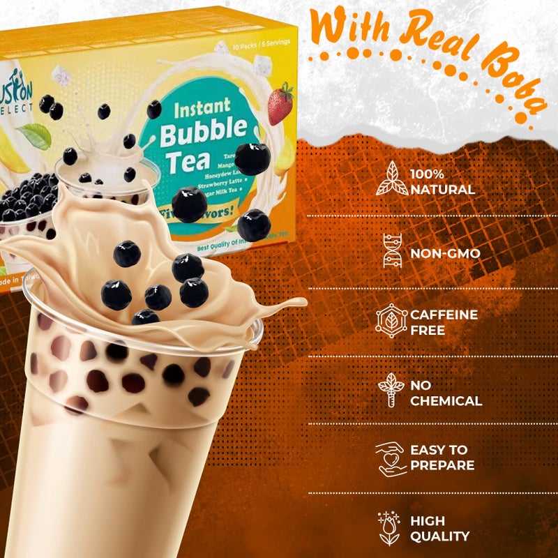 Fusion Select 5 Packs Taro, Mango, Honeydew, Strawberry Bubble Tea Kit Set With Extra Rich Tapioca Pearls, Straws - Image 2